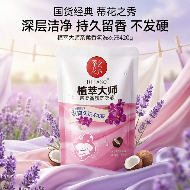 我是网店卖家，产品是我是网店卖家，产品是老品牌国货,蒂花之秀驰名商品袋装洗衣液，洗衣洁净，香味持久，根据你的经验帮我生成一个电商主图，提升一些洗衣液主体质感，切记不要出现网络违禁词,略微提升质感包装袋预览效果