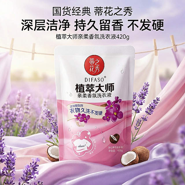 我是网店卖家，产品是我是网店卖家，产品是老品牌国货,蒂花之秀驰名商品袋装洗衣液，洗衣洁净，香味持久，根据你的经验帮我生成一个电商主图，提升一些洗衣液主体质感，切记不要出现网络违禁词,略微提升质感包装袋生成的包装主体不能改变，背景可以更换更适合产品的/高级背景要具有视觉冲击感，/图片分辨率大小保持在800*800的像素不变/图片大小不变/根据产品主推特点结合网络热销词汇生成主图产品标题