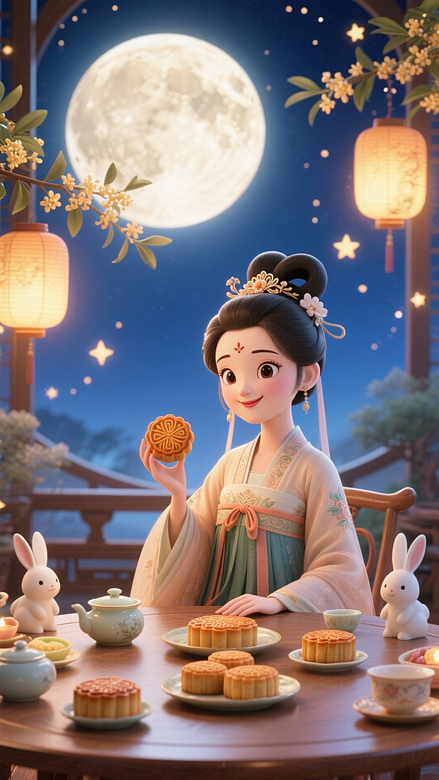 画面中心是坐在桌前、身着汉服的卡通嫦娥，她手持月饼，看着镜头，桌上摆放着多块月饼、茶具，兔子造型摆件。背景是夜空，点缀灯笼、圆月、星星点点的光效、桂花枝，光线明亮