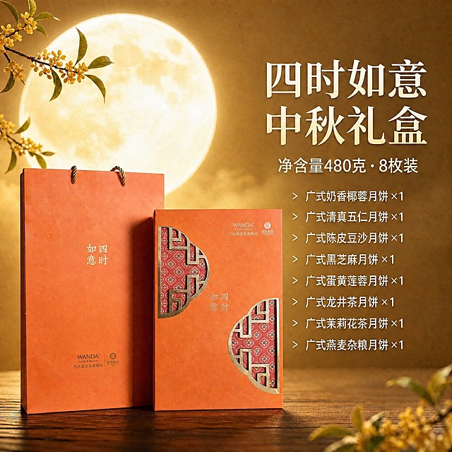 仅修改图片右侧的月饼口味明细文字，其他所有元素（包括包装盒、手提袋、背景、月亮、桂花、顶部大标题、净含量文字、包装盒上的文字等）完全保持原样，一丝一毫都不要改变。

将右侧口味列表中重复的条目修正，修正后的完整列表（从上到下共8条）：
1. 广式奶香椰蓉月饼 ×1
2. 广式清真五仁月饼 ×1
3. 广式陈皮豆沙月饼 ×1
4. 广式黑芝麻月饼 ×1
5. 广式蛋黄莲蓉月饼 ×1
6. 广式龙井茶月饼 ×1
7. 广式茉莉花茶月饼 ×1
8. 广式燕麦杂粮月饼 ×1

保持文字的字体、大小、颜色、对齐方式、行间距、左侧箭头符号与原图完全一致。