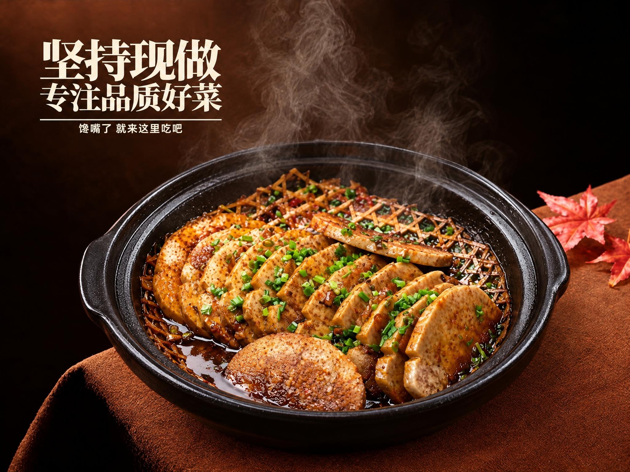 参考第一张图的深棕渐变暗调美食摄影背景、棕色桌布质感、左上角白… - 图片创意预览