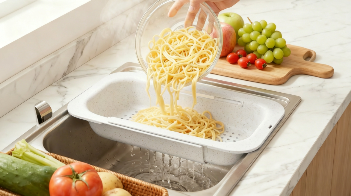 一张 塑料可调节的【米色沥水篮】 照片/电商产品图，要求对这款米色可调节沥水篮进行颜色修改，将其变为【白色】，材质是小麦秸秆材质，同时保持产品主体和样式细节不变预览效果