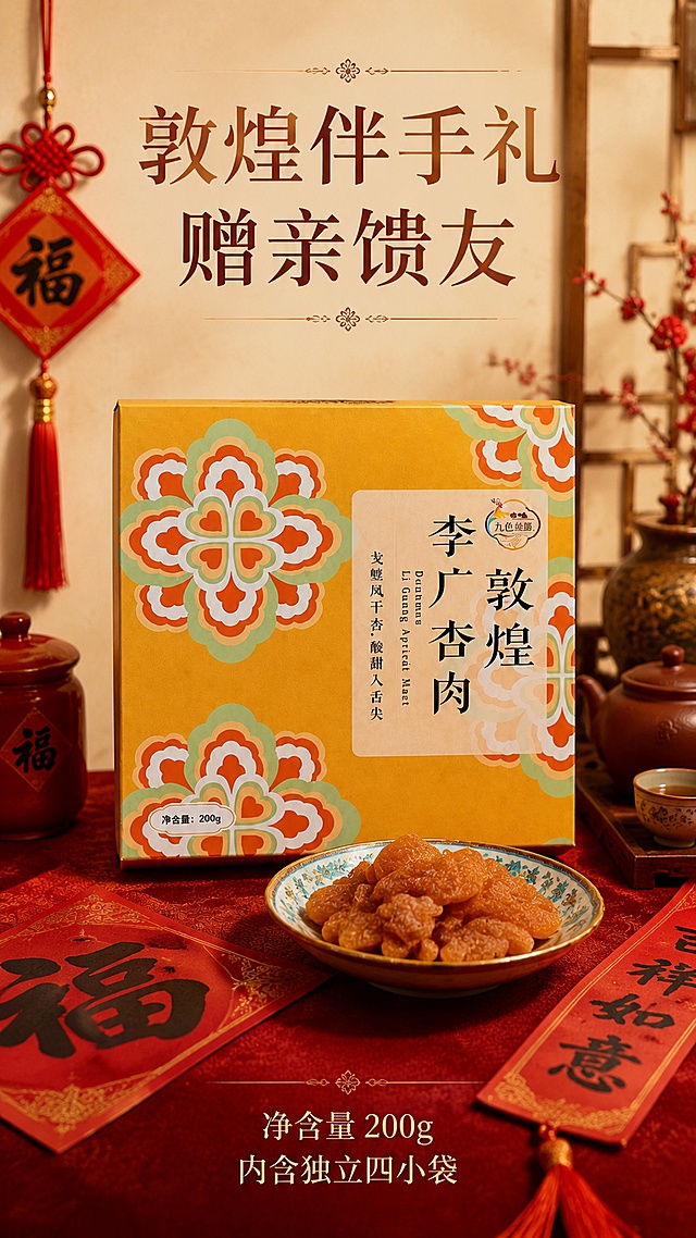 使用商品详情页技能根据商品图「图片1」「图片1」「图片1」「图片1」「图片1」「图片1」「图片1」生成详情页，参考图为，商品名称为敦煌李广杏肉 ，卖点为无核 酸甜 一杏两吃 可以泡水 可以直接吃 敦煌旅游伴手礼，适配平台为淘宝/天猫，图片比例为9:16，需求屏数为8张，