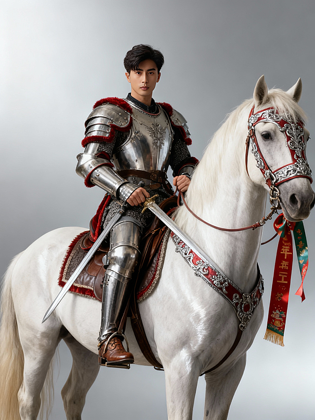 融合中式古典与欧洲宫廷艺术的3D重拟物风格，骑士身披鎏银铠甲，坐骑白骏马饰以红金华冠，尽显奢华优雅，春节元素点缀，传递节日喜庆。
