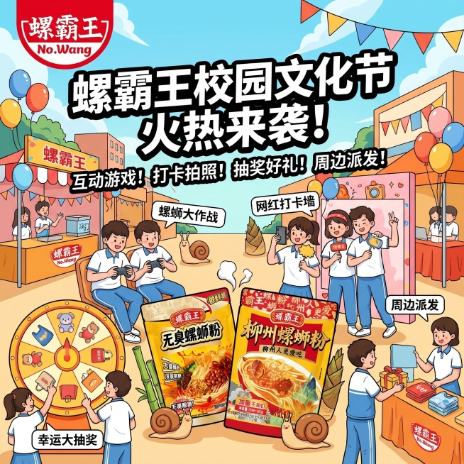 设计螺霸王校园文化节展位宣传海报，活动内容：设置互动游戏、打卡拍照、抽奖、周边派发，提升全校曝光与好感度，左上角放置螺霸王logo，展示两款螺蛳粉产品，整体风格年轻活泼，契合校园活动氛围预览效果