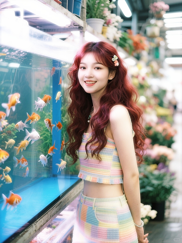 多巴胺穿搭。明亮花鸟市场，在巨型鱼缸边。糖水片