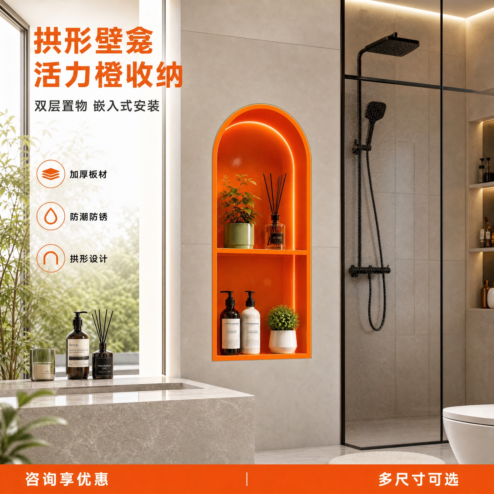 将这张爱马仕橙色拱形壁龛收纳柜淘宝主图转换为1:1正方形比例，… - 图片创意预览