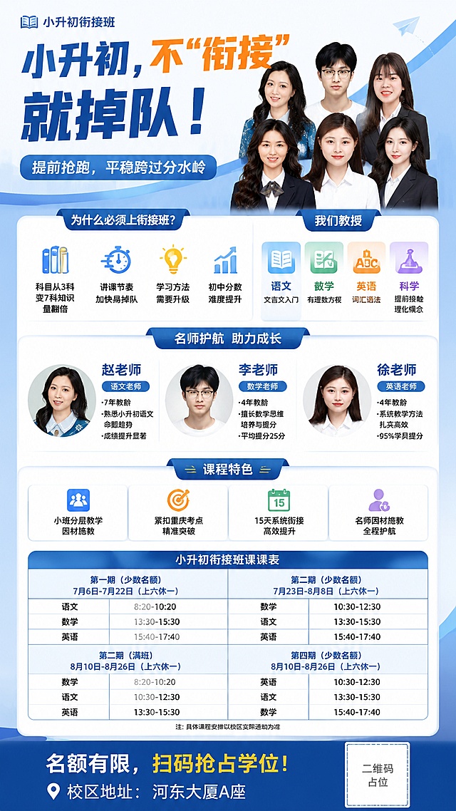 教育招生海报，专业清晰风格，9:16竖版，整体超高清4K，主标题："小升初，不“衔接”就掉队！"，副标题："提前抢跑，平稳跨过分水岭"。包含以下完整信息：为什么必须上衔接班：科目从3科变7科知识量翻倍，讲课节奏加快易掉队，学习方法需要升级，初中分数难度提升。我们教授语文文言文入门、数学有理数方程、英语词汇语法、科学提前接触理化概念。展示三位老师头像和介绍：语文赵老师7年教龄成绩提升显著，数学李老师4年教龄平均提分25分，英语徐老师4年教龄95%学员提分。课程特色：小班分层教学，紧扣重庆考点，15天系统衔接，名师因材施教。海报下方放入小升初衔接班课表，预留二维码位置，标注校区地址河东大厦A座，文字：名额有限，扫码抢占学位。版式精美分区清晰，所有文字清晰可读，配色简洁专业，符合K12培训机构宣传调性，四边留安全边距。