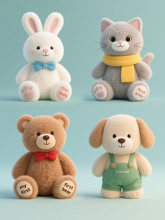 一组四个不同毛绒玩具的系列素材集合，保持写实3D风格，毛绒质感细腻，柔和的顶光照明，阴影自然柔和，纯色背景。每个玩具单独呈现，分别是：1. 戴着蓝色蝴蝶结的白色毛绒兔子，脚掌有“my first bunny”文字；2. 系着红色领结的棕色毛绒小熊，脚掌有“my first bear”文字；3. 佩戴黄色围巾的灰色毛绒小猫，脚掌有“my first kitty”文字；4. 穿着绿色背带裤的米色毛绒小狗，脚掌有“my first puppy”文字。整体色彩变换为清新明快的马卡龙色系，元素类目保持一致，规整排布在画面中，每个玩具姿态自然可爱，细节丰富，光照统一，风格协调统一。