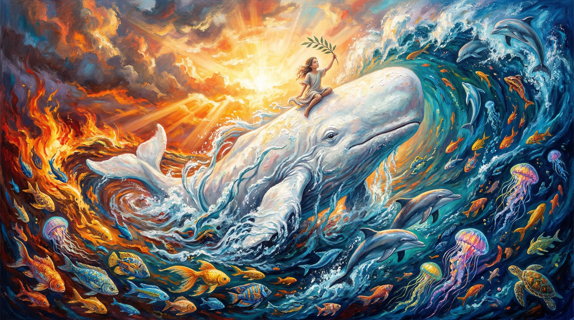 宏伟超现实的油画，一头巨大的白鲸从漩涡般的海洋中跃出，白鲸身上缠绕着水浪，一个女孩坐在大白鲸的头上手持橄榄枝。画面中充满了五彩斑斓的鱼、海豚、水母和其他海洋生物。海洋左侧是炽热的红橙色，右侧是深邃的蓝预览效果
