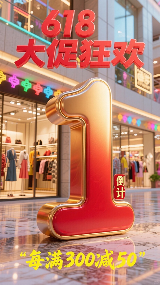 巨大的数字“1”在画面中间，红金渐变，带有闪亮效果。旁边是简单的“倒计时”。背景为豪华的购物商场。主标题"618大促狂欢"，副标题"每满300减50”