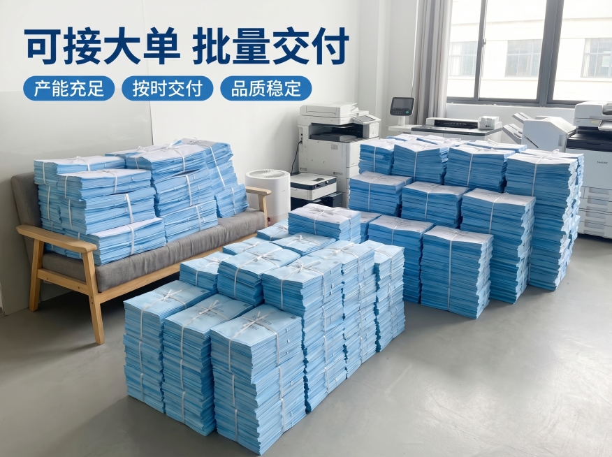[主图 3] 大批量蓝图打印交付能力展示
[氛围/风格] 专业实力展示，真实商务场景，整洁大气。
[画面元素] 商业摄影质感，光线柔和通透，产品清晰真实，画面干净高级。展示大量批量完成的蓝色工程蓝图整预览效果