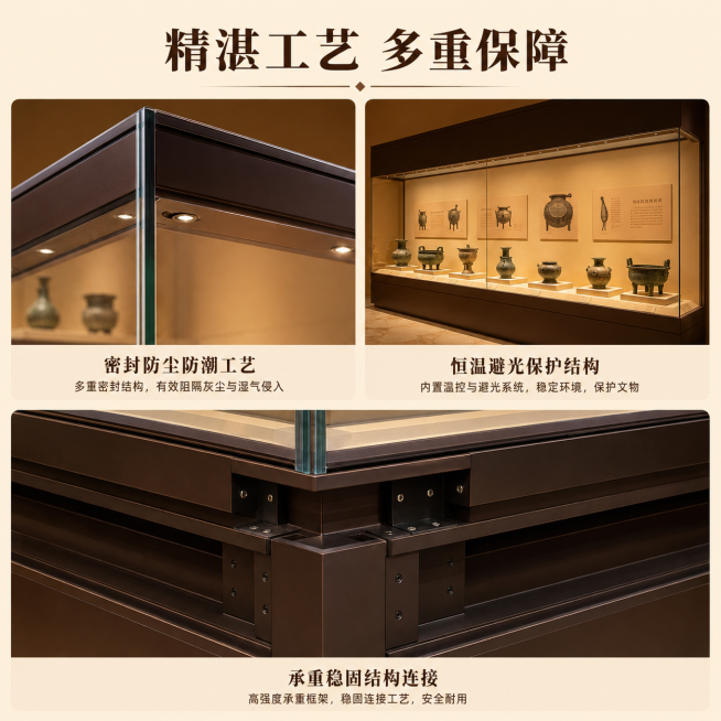 「图片1」高端博物馆专用通柜，高清超白低反夹胶玻璃，360度全方位观赏，密封防尘防潮，恒温避光保护藏品，承重稳固做工精细，内嵌柔光灯光，尽显展品质感，展馆展陈首选！预览效果