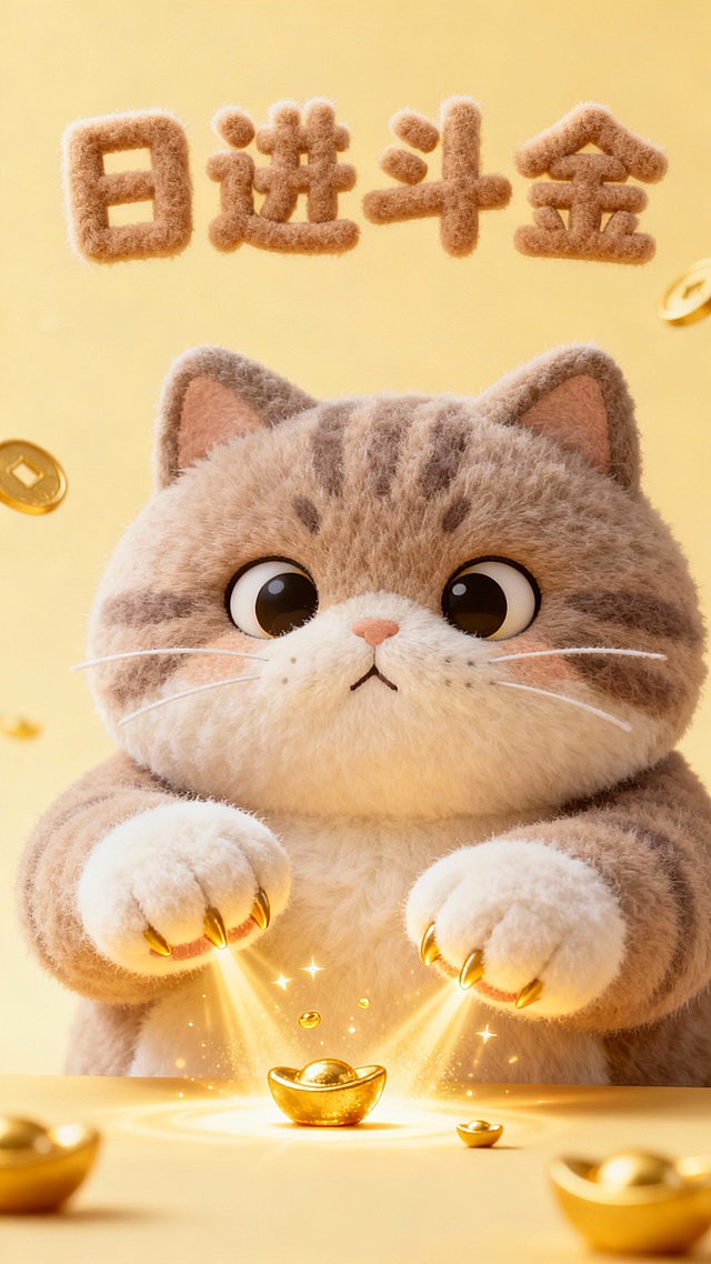 软3D风格萌猫，毛发生长质感细腻，鎏金元素点缀，卡通感十足，喜庆氛围浓厚，寓意日进斗金。