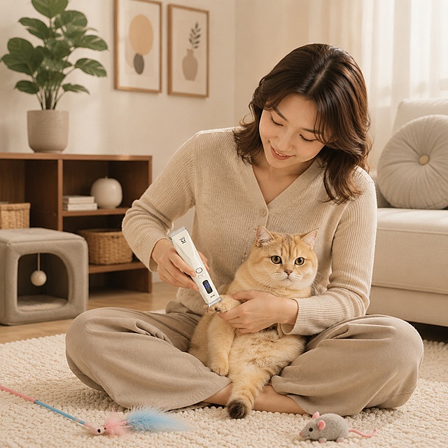 宠物剃毛器，严格参照上传产品图https://gdesign-dam-hz.dancf.com/36995000631678102/571a93eee15e4c068efa733d76cfb561.jpg，完整保留所有可见组件、部件、轮廓形状、结构、比例、材质质感、颜色与产品本体上的文字信息（logo / 型号 / 规格 / 参数 / 浮雕 / 刻度等）与上传图完全一致，自然融入场景光影，与场景共处同一物理空间。
室内家居客厅一角，温馨奶油暖色调。
中国年轻女性坐在地毯上为猫咪修剪毛发，保留参考图人物性别 / 国籍 / 肤色 / 年龄段 / 姿态 / 与产品互动方式，柔和漫射侧光还原参考图自然光方向，产品受光面泛起奶油暖色、暗部映射浅米色光晕，与环境物理融合。
中景居中，微侧25°视角。
全量换款清单：
① 人物：参考图米白针织毛衣 + 深灰运动裤 + 高马尾 → 生成图燕麦针织开衫 + 浅卡其阔腿裤 + 齐肩微卷发（性别 / 国籍 / 肤色 / 坐姿互动保留，仅换服装 + 发型）
② 宠物：参考图英短蓝白猫咪 → 生成图金渐层英短猫咪（同为英短品类，换毛色品种）
③ 沙发：参考图浅米色布艺沙发 → 生成图奶白色亚麻沙发（同为布艺沙发，换颜色纹理）
④ 抱枕：参考图浅蓝色方形抱枕 → 生成图奶灰色圆形抱枕（同为布艺抱枕，换颜色造型）
⑤ 储物柜：参考图浅原木矮柜 → 生成图浅胡桃木开放柜（同为木质柜子，换款式）
⑥ 装饰画：参考图单幅小装饰画 → 生成图双幅组合装饰画（同为墙面装饰，换数量款式）
⑦ 绿植：参考图小型盆栽绿萝 → 生成图中型琴叶榕盆栽（同为绿植，换品种）
⑧ 猫窝：参考图蓝色半球猫窝 → 生成图灰色方形半封闭猫窝（同为猫窝，换颜色款式）
⑨ 地毯：参考图浅米色短绒地毯 → 生成图奶白色圈绒地毯（同为织物地毯，换颜色纹理）
⑩ 玩具：参考图蓝黄逗猫球 + 麻绳玩具 → 生成图粉蓝逗猫棒 + 毛绒老鼠（同为猫玩具，换款式）
消除产品本体之外原有营销文字。
4K 分辨率，相似度80%，严格锁定宽高比为 1:1。