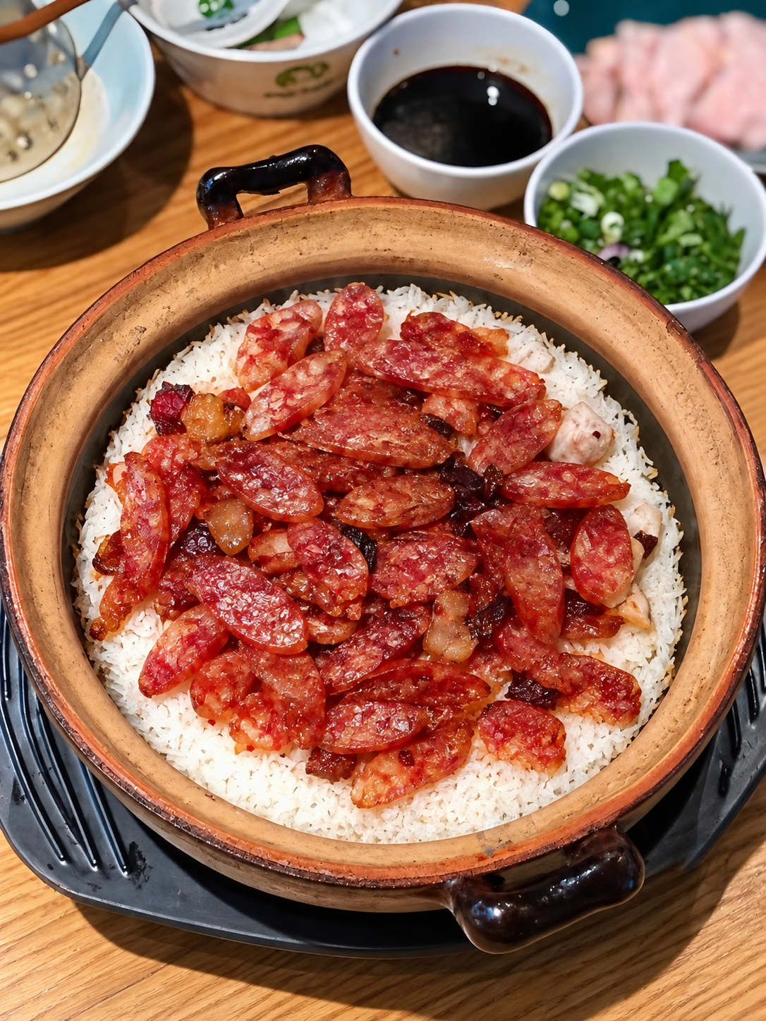 将煲仔饭的砂锅煲边缘完整显示出来，顶部的腊肠数量增加，铺满更多… - 图片创意预览