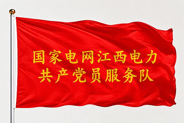 将旗帜上的文字改为"国家电网江西电力共产党员服务队"，保持金黄色字体、红色旗面、飘扬状态和布料质感，文字居中排列，字体风格与原图一致