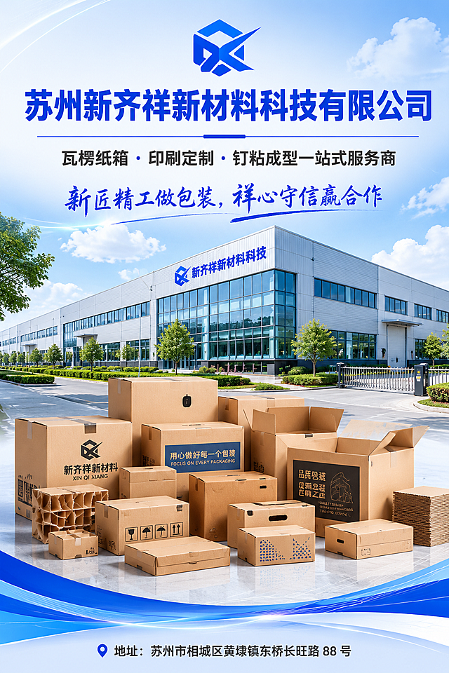 [第1页] 苏州新齐祥新材料科技有限公司宣传册封面
[氛围/风格] 简约商务风，工业企业宣传册封面设计，干净专业，高端大气，商业设计质感
[元素布局] 画面上方展示大型现代化厂区外景，厂房建筑干净整洁，下方摆放各类不同规格、不同尺寸的成品瓦楞纸箱组合，错落有致。公司名称和标语居中展示，不遮挡主体画面。整体构图稳定，主次分明
[光影质感] 均匀明亮的自然光，清晰展示厂区和产品细节，明暗层次自然，真实感强
[配色色系] 全局底色：#F5F7FA（浅灰蓝）；主体配色：#165DFF（深蓝主色）+ #333333（深灰文字）；辅助色：#E8F3FF（浅蓝点缀）
[视角构图] 正面居中构图，封面竖向版式，厂区和产品作为背景铺满画面，文字叠加在背景上，阅读动线从上到下
[文字版式] 顶部居中是大标题 "苏州新齐祥新材料科技有限公司"，字号大，深蓝色加粗字体；标题下方是副标题 "瓦楞纸箱・印刷定制・钉粘成型一站式服务商"，字号中等，深灰色常规字体；副标题下方是标语 "新匠精工做包装，祥心守信赢合作"，浅蓝色艺术字体；底部居中是小字地址 "地址：苏州市相城区黄埭镇东桥长旺路 88 号"，小字号深灰色。所有文字居中对齐，排版工整清晰，不遮挡主体画面
[比例分辨率] 竖向单版，比例3:2，宽度1080，高度1620，4K分辨率，文字清晰可辨
[负向提示词] 文字错乱，文字重叠，厂区变形，纸箱变形，背景杂乱，颜色偏差，水印，缺件错件，结构错误