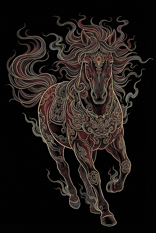 国潮风骏马，融合工笔与描边技法，鎏金线条勾勒神秘纹饰，暗红与金属色交织，展现古典神圣感，浮雕质感尽显复古气韵。