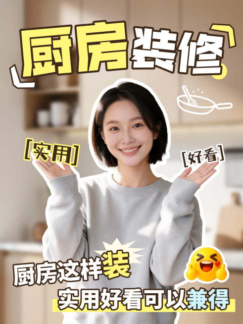 家庭厨房装修分享大字通用人像小红书封面预览效果