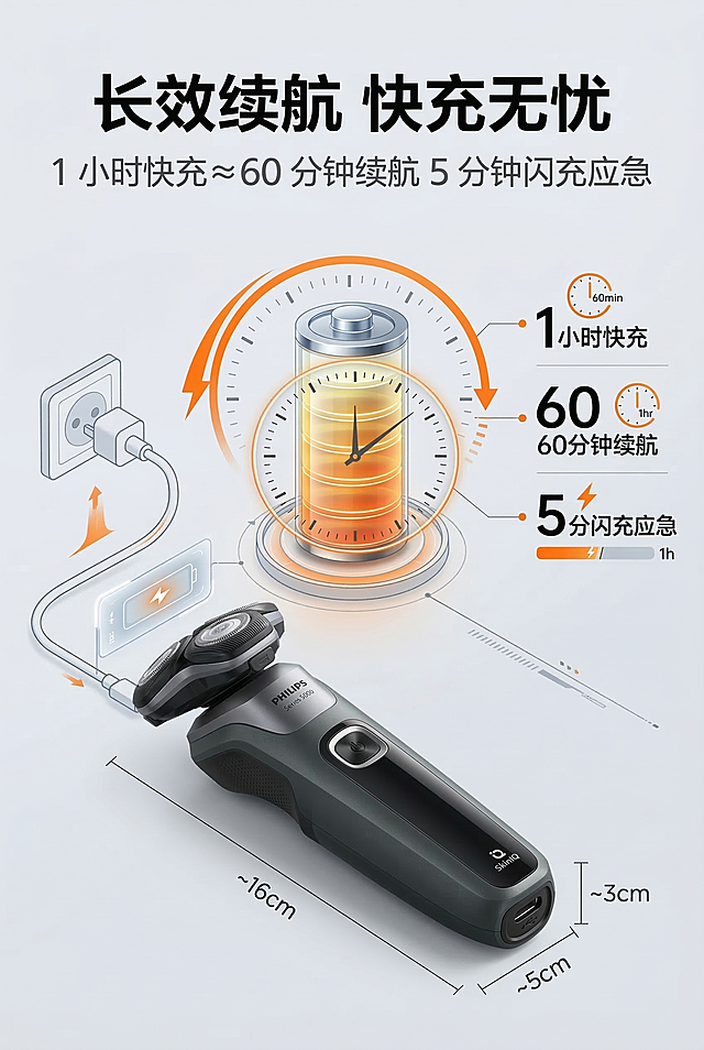 电商详情图第6屏，活力科技风，严格还原上传的产品充电接口细节、品牌文字，机身长约16cm，握持部位宽约5cm，厚度约3cm。主标题 "长效续航 快充无忧"，无衬线粗体，黑色加粗，画面顶部；副标题 "1 小时快充≈60 分钟续航 5 分钟闪充应急"，无衬线常规体，深灰色，主标题下方。画面中心用电池图标可视化续航时间，左侧展示充电场景示意图，右侧标注续航数据，背景为浅灰色，搭配橙色快充标识，信息布局中心数据 + 左右场景，强调续航卖点，排版精致，中文文字统一格式。禁止电池图标设计错误、续航数据表达错误、充电场景还原失真、背景无活力感、文字重点不突出