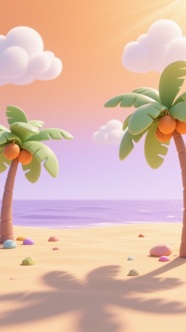 3D卡通风格的夏日海滩场景，柔和明亮的暖橙色与淡紫色渐变色调，大面积留白的天空占据画面上半部分，蓬松的白色云朵点缀其间，远处是平静的淡紫色海面与金色沙滩相接，沙滩上散落着几块彩色鹅卵石，左侧和右侧前景各有一棵造型圆润、叶片呈扇形的绿色棕榈树，树干上挂着几个橙色椰子，阳光从右上方照射下来，在沙滩上投下清晰的树叶阴影，整体氛围宁静而温暖，画面简洁开阔，视觉层级分明，突出夏日的悠闲与惬意。预览效果