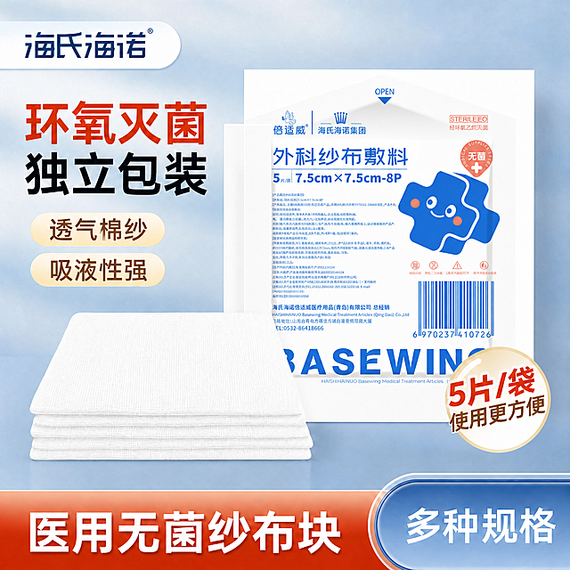 将图中原来外科纱布敷料包装袋替换成用户提供的第二张图片，保持其他文案、产品、整体版式和背景风格完全不变