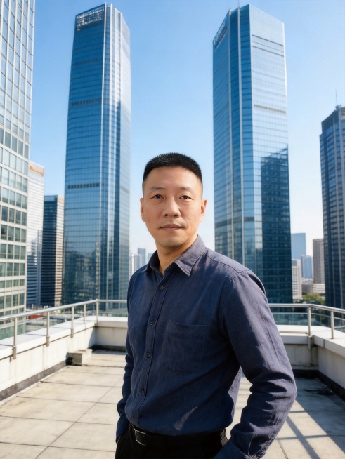 基于参考图人物特征，生成一张都市现代写字楼天台场景的写真，中年成功男士，阳光飒爽，成熟稳重，展现独特魅力，高清质感，适合社交媒体预览效果