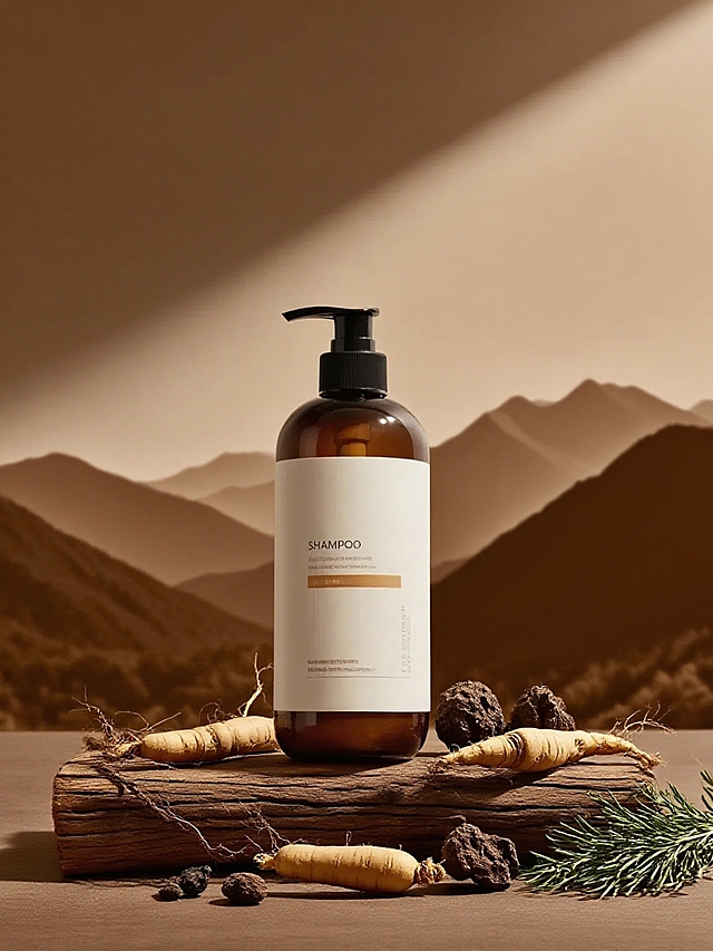 保持主体外观和形状。主体放置一根木块上，搭配人参、干枯树枝、何首乌、艾草。以暖棕色调远山为背景，营造古朴自然且高级的质感。