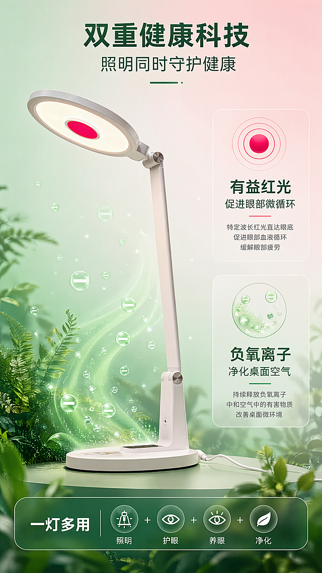 [第4张] 详情页健康功能亮点——有益红光+负氧离子双重健康科技。本张使用【图1】作为产品主体。
[氛围/风格] 健康清新科技风，森林绿+淡粉渐变，清新自然又有科技感。
[元素布局] 台灯位于画面中央偏左，占比约45%，白色灯身、中心红光发光面清晰，结构与输入图一致；右侧和周围有负氧离子粒子效果（白色小光点+绿色光晕）从灯座区域向上飘散；背景为浅绿到浅粉的渐变，底部有森林叶片剪影装饰。
[光影质感] 灯头暖白光+中心红光自发光，负氧离子粒子有微光效果，整体光线柔和清新，绿色与粉色光效交融。
[配色色系] 全局底色 #F0F9F4（浅绿渐变）；主色白色灯身+红光；辅助色森林绿 #3CB371、淡粉 #FFB6C1；文字深绿 #1A5C3A + 深灰。
[视角构图] 正面45°侧视，左右构图，阅读动线左侧产品 → 右侧功能说明 → 底部效果标签。
[文字版式] 顶部主标题「双重健康科技」，副标题「照明同时守护健康」；右侧上下两个功能模块：上模块「有益红光 促进眼部微循环」配红光波纹图示；下模块「负氧离子 净化桌面空气」配离子飘散图示；底部标注「一灯多用 照明+护眼+养眼+净化」，文字层级清晰。
[比例分辨率] 9:16 竖版比例，4K 分辨率，文字清晰可辨，高清画质。
[负向提示词] 产品变形，颜色偏差，粒子效果错乱，文字过小，水印，背景杂乱，缺件错件。