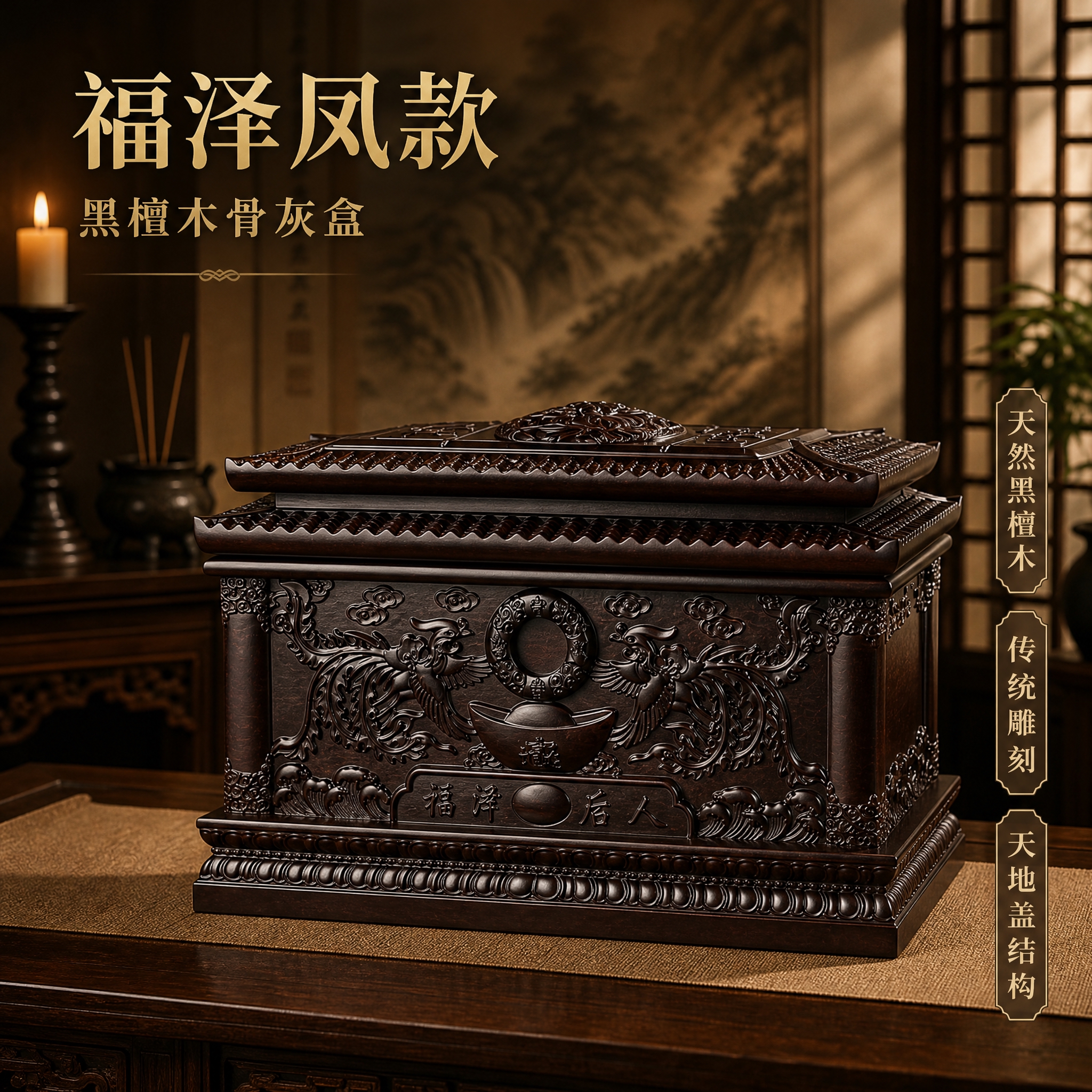 [主图-4] 福泽凤款黑檀木骨灰盒方版主图，800×800，突… - 图片创意预览