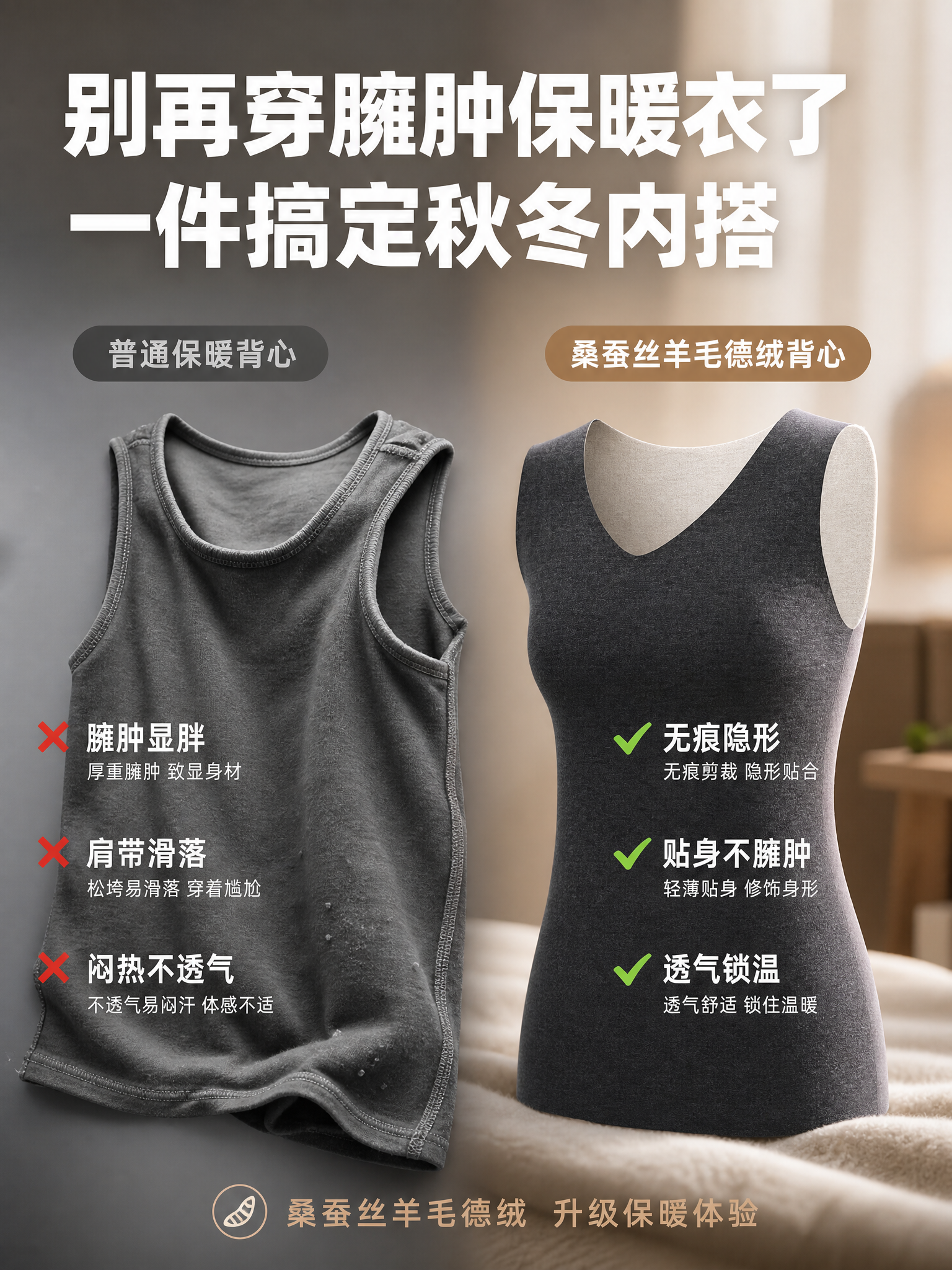 [主图-2] 痛点对比图 普通保暖背心vs桑蚕丝羊毛德绒背心… - 图片创意预览