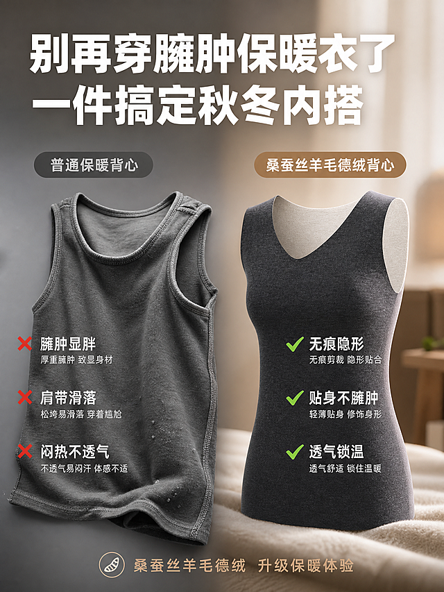 [主图-2] 痛点对比图 普通保暖背心vs桑蚕丝羊毛德绒背心 解决秋冬保暖痛点。
[统一基调] 高级保暖内衣服饰风 品质感 暖调高级灰配色 背景为浅灰到米白的柔和渐变 主标题白色粗黑体 副标题浅灰色 强调色为暖驼色 字体为现代无衬线粗体 字号层级分明 无多余边框 干净利落。
[画面] 左右分屏对比构图 左侧为痛点区 展示普通保暖背心的问题 用灰色调表现 有臃肿凸起的缝线 领口外翻 肩带滑落 起球面料等痛点元素 配红色小叉号 右侧为解决方案区 展示深灰色无痕德绒背心的优势 暖光打亮 面料平整光滑 无痕剪裁 贴合身体曲线 配绿色对勾 中间用渐变过渡 不要硬分割线 背心位于右侧占画面约50% 背景为柔和居家环境虚化。
[光影质感] 商业摄影质感 左侧冷灰调弱光 右侧暖调柔光 突出对比感 背心面料质感清晰 磨毛细腻。
[配色] 左侧冷灰色调 右侧暖灰米白调 痛点文字红色 卖点文字白色 强调色暖驼色。
[文字版式] 顶部大标题两行 第一行"别再穿臃肿保暖衣了" 第二行"一件搞定秋冬内搭" 左侧痛点区竖排三个痛点 每行前加红色小叉 "臃肿显胖""肩带滑落""闷热不透气" 右侧卖点区竖排三个卖点 每行前加绿色对勾 "无痕隐形""贴身不臃肿""透气锁温" 底部一行小字"桑蚕丝羊毛德绒 升级保暖体验"。
[输出要求] 比例3:4 文字清晰可读 产品清晰 无变形 无错字 无水印 无平台Logo 无模特人物。