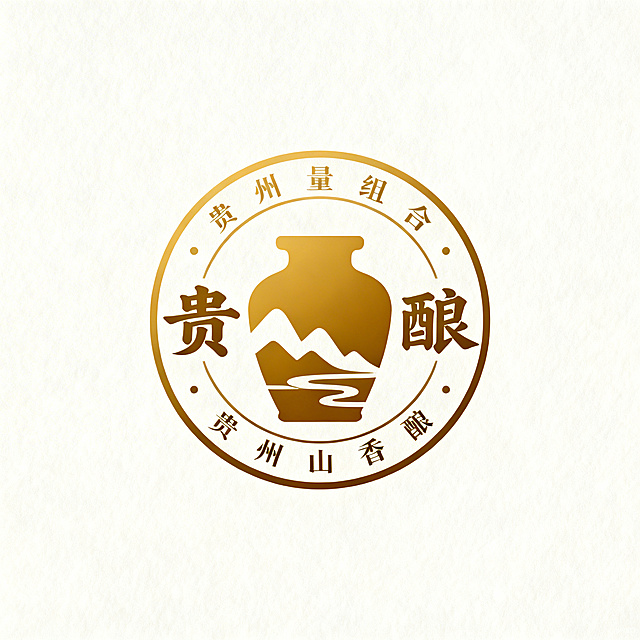 圆形组合标Logo设计，贵州酿酒品牌"贵酿"，主营甜米酒、包谷酒、刺梨汁。整体为正圆形徽章标结构，内部提取贵州山水元素和酒坛轮廓，用几何布尔运算简化融合；文字"贵酿"环绕圆形边缘排布，字体采用稳重厚重的书法字体。整体遵循黄金比比例，自然琥珀金配色搭配米白色底色，极简矢量风格，传递出贵州地域特色和香醇酿造的品牌调性，极简主义，圆形完整构图。