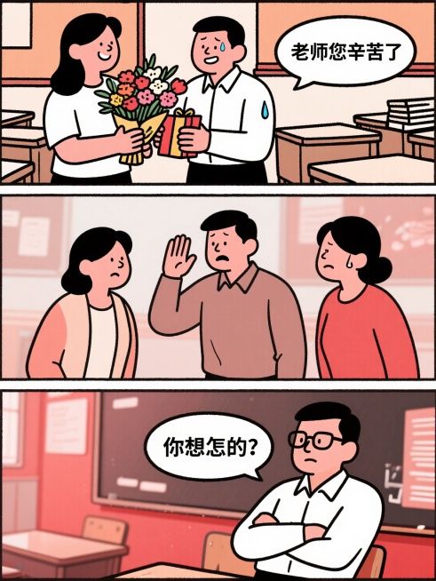 连环漫画，四格分镜，第一格家长双手捧满鲜花和礼物献给面带微笑的老师，背景是柔和暖色调教室，对话框文字"老师您辛苦了"；第二格三位焦虑家长围住老师，老师额头流汗举手安抚，背景用低饱和冷色调，动态模糊处理预览效果