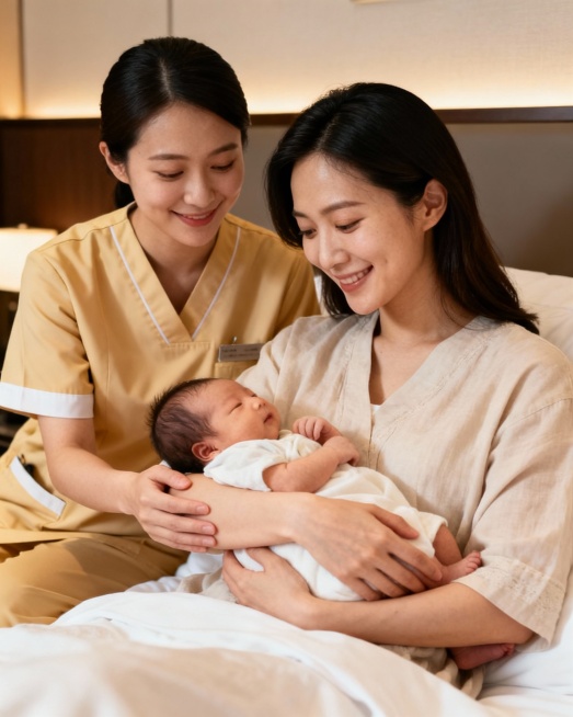 2 người phụ nữ trẻ tuổi châu Á trong căn phòng khách sạn cao cấp. Một người mẹ mỉm cười hiền dịu đan预览效果