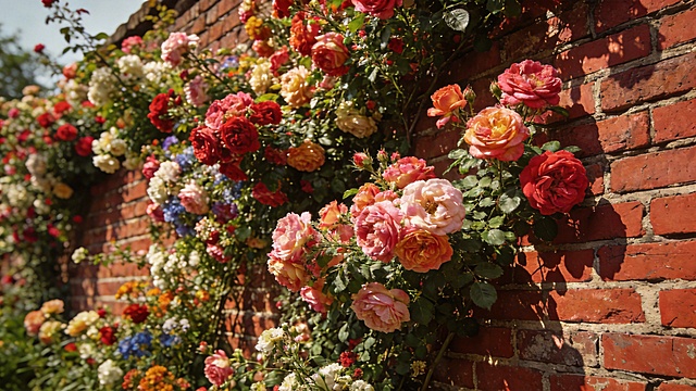 花团锦簇的红砖花墙，大量蔷薇、月季等花卉爬满复古红砖墙，花朵饱满盛放，色彩艳丽丰富，春日午后光影柔和，氛围感十足
