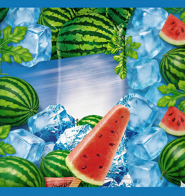 去掉图片中间的文字，包括“QieXiGua、切西瓜、XiGuaKouWei、西瓜口味冰混”和上方的“艾淇雪logo”，保持周围的冰块、西瓜、西瓜冰棒这些元素不变，保持原来的蓝色背景、整体风格和画面色彩统一