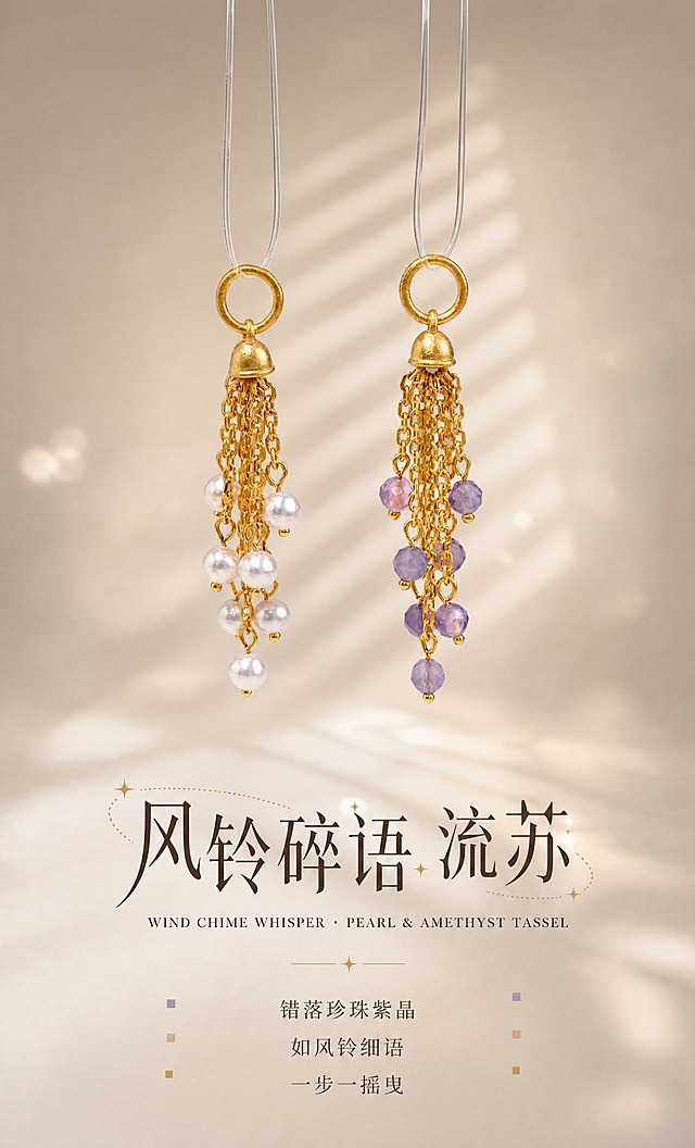 [商品] 使用【图3】珍珠流苏 + 【图2】紫水晶流苏，两款并排展示；保留每款流苏的完整结构、吊环、钟形帽、金链肌理、珍珠/紫水晶形状与颜色、古法金哑光质感；产品100%还原原始造型、尺寸比例、孔径、厚度，禁止变形改结构。
[画面] 页面目标：单品分述一，风铃碎语流苏封面。构图：上下结构，产品占上70%，文案区占下30%。主体位置：珍珠款居左、紫水晶款居右，两款顶部吊环齐平自然垂挂，产品放大，两款之间留适当间距。主体占比：约70%。阅读动线：从上到下，先看双款对比再读标题。前中后景：前景流苏清晰，后景米杏色背景+百叶窗光影，中间亮两侧暗的聚光效果。
[视觉] 套系策略：风格=东方雅致高级珠宝摄影风，温润米杏暖调；标题字=设计感宋体（笔画粗细对比+星光装饰）；正文字=细宋体；主色=米杏暖灰#F2EEE8；背景延展=中间亮两侧暗的渐变聚光效果+百叶窗斜向光影条纹+柔焦光斑；强调色=古法金暖金色#C9A456，仅用于星点装饰、引线；标题色=深棕#3A2F24；正文色=中棕#6B5A48；组件=星点星光、点状虚线、彩色小方块、全大写衬线英文；光影=正上方偏左主暖光，珍珠有柔和虹彩反光，紫水晶切面有火彩，背景百叶窗光影斜向穿过两款之间。
[文字] 底部居中：主标题"风铃碎语 流苏"（大号宋体，加星点装饰）+ 英文"WIND CHIME WHISPER · PEARL & AMETHYST TASSEL"（小号全大写衬线体）+ 下方3行短句："错落珍珠紫晶 / 如风铃细语 / 一步一摇曳"。文字不遮挡流苏主体。
[规格] 宽850px，高1400px竖版，4K，负向提示：避免产品过小、四周大面积空白、平淡纯色背景、两款大小不一致、金属发白过曝。