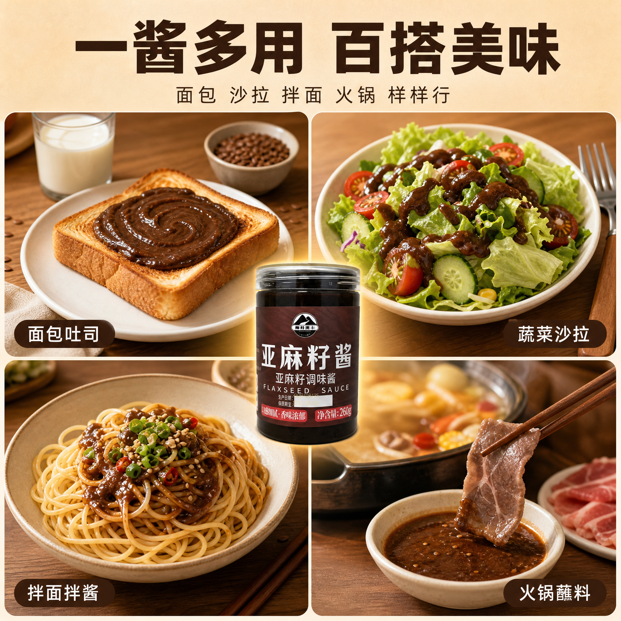 [主图-4] 亚麻籽酱多场景食用图，展示一酱多用的百搭吃法。… - 图片创意预览