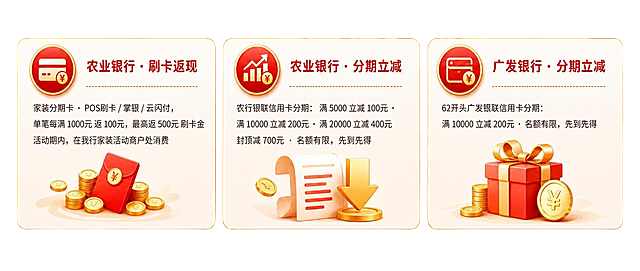 从这张海报中精确裁剪出中间三个白色圆角卡片（农业银行刷卡返现、农业银行分期立减、广发银行分期立减）的区域，只保留这三个卡片及其内部的所有内容（图标、文字、装饰图案），卡片之外的顶部标题、底部文字、红色背景、城市剪影等全部去除，输出透明背景的PNG格式图片，卡片边缘清晰完整。