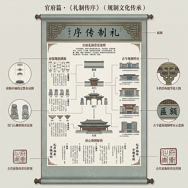 传统中式卷轴风格流程图，主题为“官府篇・《礼制传序》（规制文化传承）”。顶部雅致标题区域，标题融入斗拱纹样与匾额书法元素，凸显礼制庄重感。中央以极简线条绘制府衙经典中轴线（照壁 - 大门 - 仪门 - 大堂）为视觉骨架，融入仪门石狮、斗拱规制、匾额书法等核心符号。左侧“府衙规制溯源”板块，包含不同朝代府衙中轴线布局、仪门石狮形制、斗拱规格的演变图示，搭配详细规制说明与礼制内涵文字。右侧“古今规制呼应”板块，展示现代行政建筑、公共建筑中的规制美学应用插图，如现代政府大楼的对称布局、博物馆的斗拱装饰、公共场馆的匾额式标识。上方“官府礼制背景说明”板块，介绍古代府衙中轴线规制、斗拱、石狮、匾额的文化寓意与礼制象征，解读“礼序相承，方隅有则”的核心内涵。下方“核心规制解析”板块，详细展示府衙中轴线节点（照壁、大门、仪门、大堂）的布局规范、仪门石狮的形制细节、斗拱的结构规制、匾额书法的字体规范与礼制要求。在中轴线各节点处衔接现代建筑规制元素，实现古今视觉呼应；画面角落点缀古代府衙的印章纹样，搭配“礼序相承，方隅有则”核心文案。周围分布组件标注：府衙中轴线完整布局图、斗拱结构细节放大图、仪门石狮形制对比图、匾额书法笔触细节图、古今建筑规制呼应示意图、古代府衙印章纹样图。所有文字采用优雅的中文书法字体，颜色为深棕色；色彩以青灰色为主调，搭配古铜色、朱红色，整体呈现庄重沉稳的视觉质感，凸显古代官府礼制的严谨厚重与规制文化的当代传承