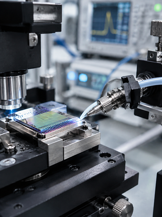 Photorealistic close-up of a photonic chip on a probing station, optical fiber precisely aligned to the edge coupler facet, other test equipment softly blurred in background, realistic laboratory scene, professional semiconductor testing atmosphere, cool neutral lighting, ultra-detailed, high resolution, sharp focus on chip and fiber alignment, shallow depth of field, no text, no sci-fi effects
