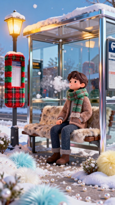 雪后公交站台，站牌裹着红绿格纹绒布套。长椅铺厚毛垫，等车人围羊绒围巾呼出棉絮白气，地面落满珍珠绒雪粒，路灯晕开暖黄光。预览效果