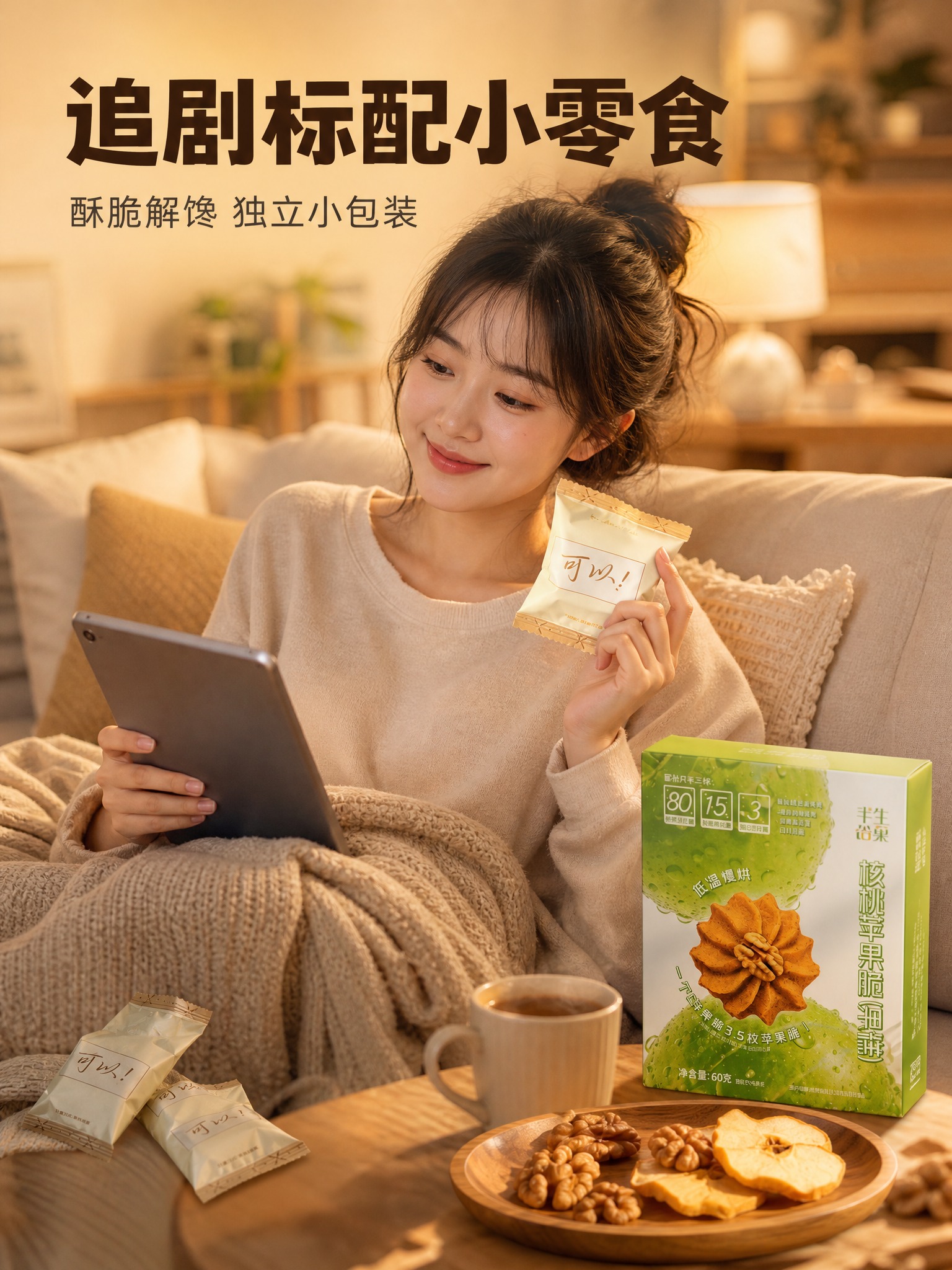 电商商品营销海报，9:16竖版，温馨居家追剧场景。画面人物：一… - 图片创意预览