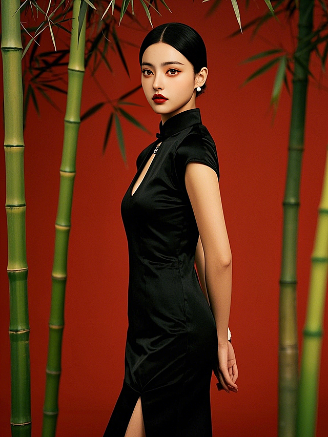 一个黑色旗袍的女生，竹子，正面，红色背景