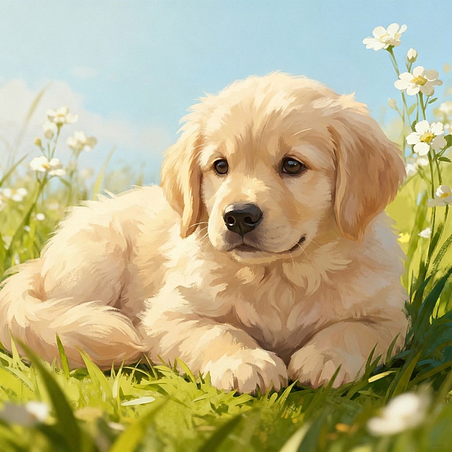 将图中的猫咪替换成一只可爱的狗狗，毛发蓬松柔软，姿态乖巧，画面清新治愈