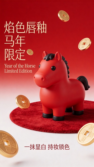商业摄影，极简主义电商海报。画面中心是参考图靠在磨砂卡通胖胖可爱的红色小马雕塑上。背景是红色渐变，下方为红色绒面地毯，周围漂浮着金色的铜钱硬币。左边大号优雅金色纤细字体"焰色唇釉  马年  限定"，现预览效果