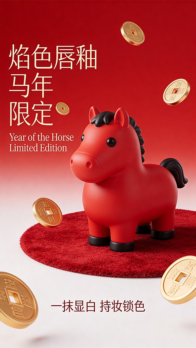 软3D风卡通马造型，国潮红金配色，鎏金铜钱环绕，喜庆感十足，可爱又吸睛，马年限定节日氛围浓厚。