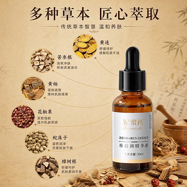 [主图-2] 多种草本成分解析图，中药风格成分展示，强调草本来源与功效。
[统一基调] 中药草本暖棕色调，整体为温润古朴的中医药房氛围，主色为深棕、米黄、草木绿，点缀琥珀金。主标题用干净宋体，深棕色大字，辅助文字用同色系小号非衬线体，整体风格温润自然有东方草本感。
[画面] 画面中心偏右放置一瓶妃蜜诗珍百润精华液（棕色滴管瓶，白色标签），产品左侧及上方环绕分布5-6个圆形草本原料特写图，每个圆形图内是一种真实中药材（如黄连片、苦参根、黄柏树皮、花椒果、蛇床子、樟树根等），用细金线连接到产品瓶身，每条线旁标注草本名称和对应功效短句。背景是米黄色宣纸纹理，底部有少量干草药铺陈装饰。画面上方有大标题区域。产品占画面约40%，视角为平视正面。
[光影质感] 均匀柔光，产品和成分图都清晰明亮，草本原料有真实干药材质感，整体暖调柔和，有传统药方图谱的雅致感。
[配色] 米黄宣纸色为底，深棕文字，草木绿和药材本色为点缀，金线连接，古朴雅致。
[文字版式] 画面顶部居中大标题"多种草本 匠心萃取"，标题下方小字"传统草本智慧 温和养肤"。每个成分圆形图下方或旁侧标注草本名称和功效，如"黄连 舒缓修护""苦参 清爽净肤""黄柏 温和调理""花椒果 紧致细腻""蛇床子 滋养润泽"等，文字为深棕色小号字。文字排版错落有致，不拥挤。
[输出要求] 比例1:1，产品清晰，成分图真实，文字清晰可读，整体像中药图谱风格。负向：化学成分名称、分子式、化学仪器、生产厂家、具体数字种数、错字、模糊、杂乱。